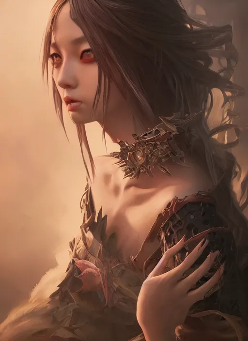 Prompt: breathtaking detailed painting of evil fantasy sorceress, dark castle setting, with anxious, piercing eyes, by Hsiao-Ron Cheng, James jean, Miho Hirano, Hayao Miyazaki, extremely moody lighting, hyperrealistic, octane render, RPG portrait, ambient light, dynamic lighting