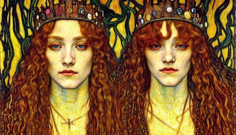 Image similar to detailed realistic beautiful young medieval queen face portrait by jean delville, gustav klimt and vincent van gogh, art nouveau, symbolist, visionary, gothic, pre - raphaelite, muted earthy colors, desaturated