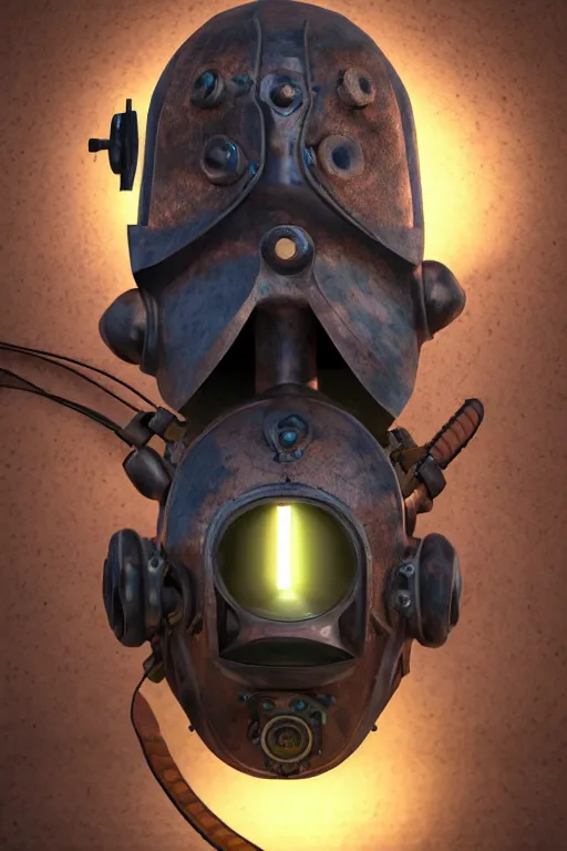 Image similar to steampunk mask minimalist fantasy art robot ninja helmet, global illumination ray tracing hdr fanart arstation by sung choi and eric pfeiffer and gabriel garza and casper konefal radiating a glowing aura