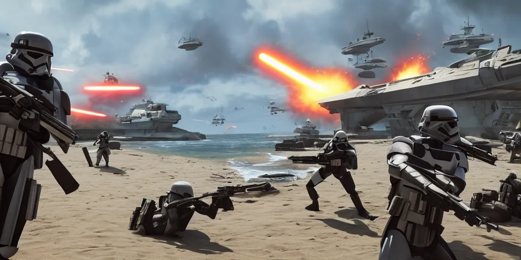 Image similar to shore troopers, on scarif, ea star wars battlefront 2015, highly detailed