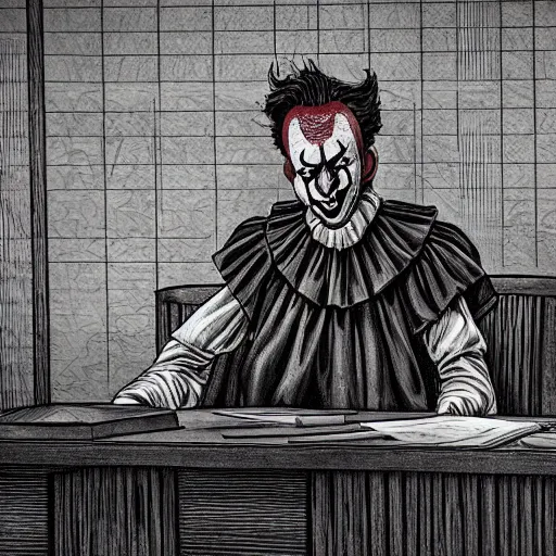 Image similar to pennywise at the witness stand in court. full body. court sketch. intricate. 8 k. highly professionally detailed. hdr. cgsociety