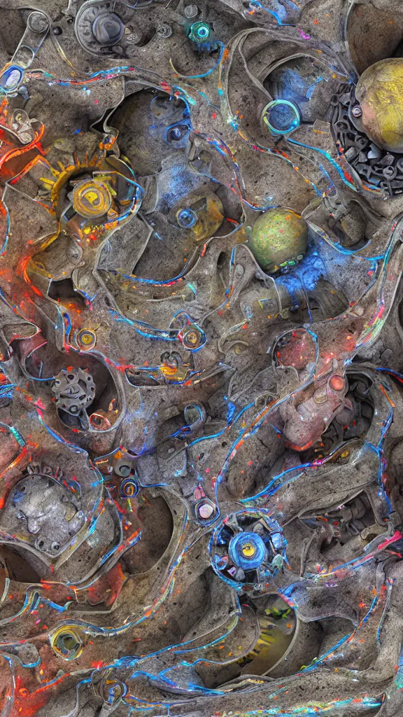 Image similar to 3D full color xray of the complex magical machine embedded within the mountain, colourful sedimentary and igneous rock and marble, rock textures industrial machinery, pistons, pipes and valves, wires, circuitry. 8k 3D geology