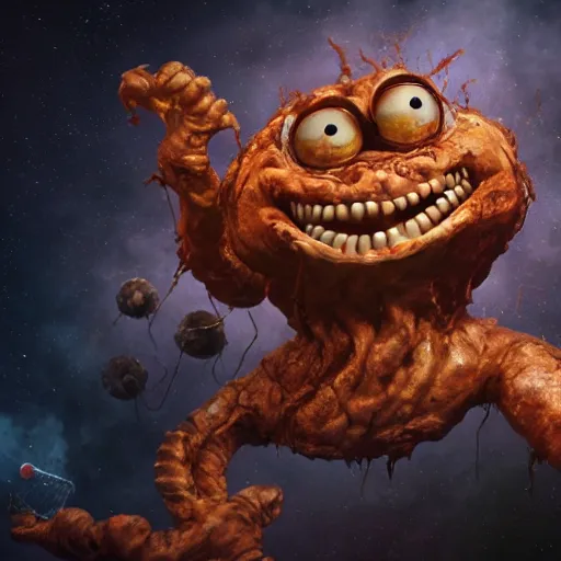 Image similar to eldritch horror bloody garfield in space, hd, 8 k, giant, epic, realistic photo, unreal engine, stars, prophecy, powerful, cinematic lighting, destroyed planet, debris, violent, sinister, ray tracing, dynamic, epic composition, dark, horrific, teeth, grotesque, monochrome drawing, hellscape