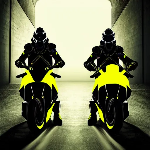 Prompt: cyber motorbikers by pascal blanche, black and yellow, dark neon trimmed beautiful dystopian digital art