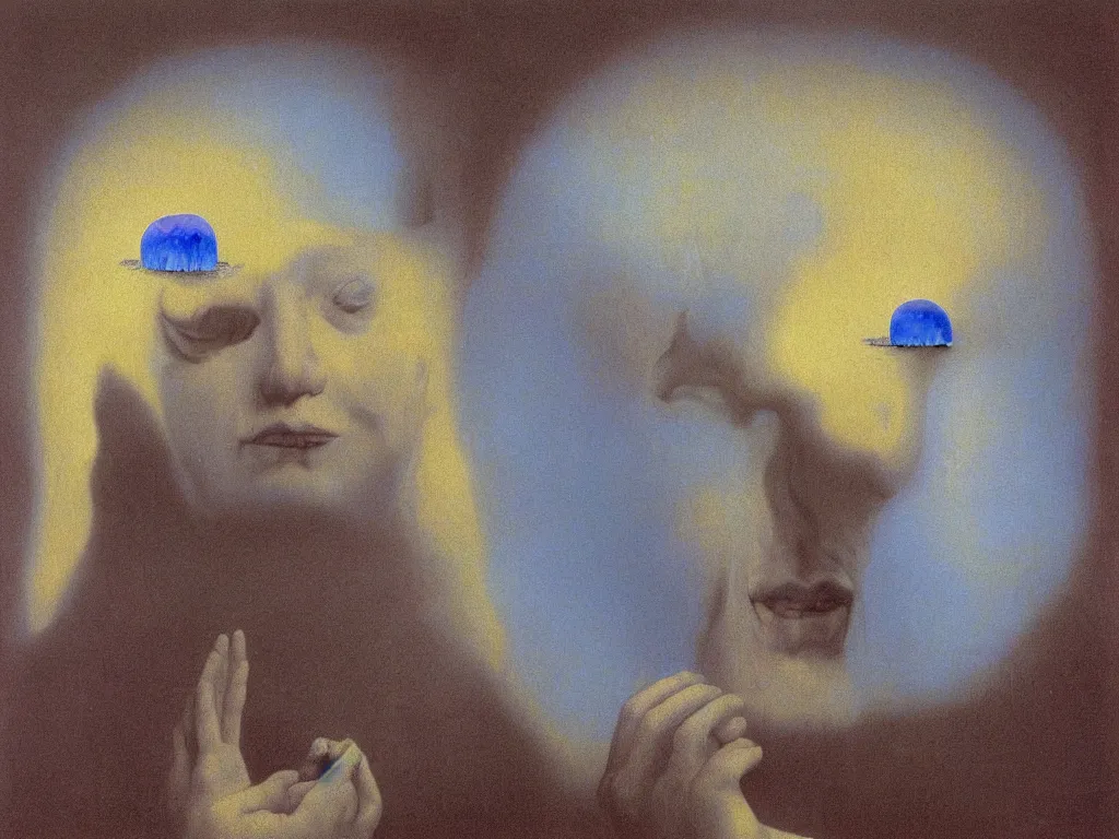 Image similar to Portrait of albino mystic with blue eyes, with the sacred glowing rock in the lithium salt desert. Painting by Jan van Eyck, Beksinski, Rene Magritte, Agnes Pelton, Max Ernst, Walton Ford