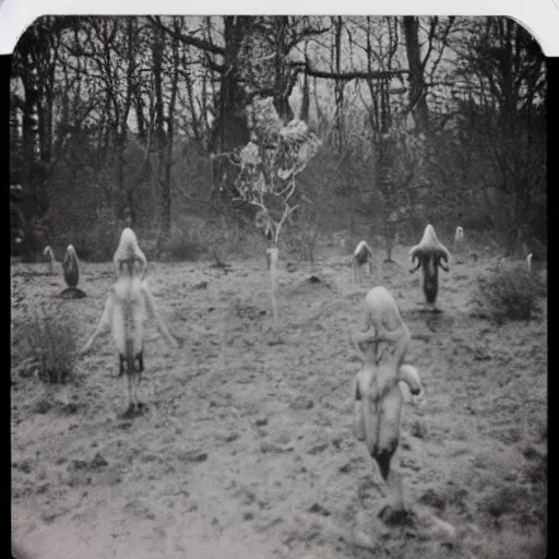 Image similar to polaroid photograph of horrorific extraterrestrial beings visiting earth, 1 9 5 0