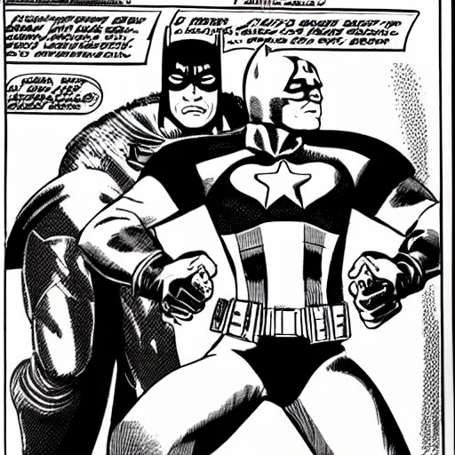 Prompt: comic book pane of Captain America, arresting the Batman, silver age of comics, Jack kirby illustration