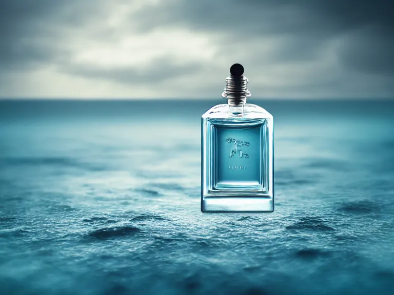 Image similar to perfume bottle standing on lilpadss in a deep blue pond ; 4 style of nicholas fols, 2 0 0 mm, mute dramatic colours, soft blur outdoor stormy sea background, volumetric lighting, hyperrealistic