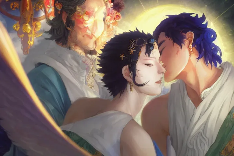 Image similar to close up moment of a divine a japan sun god and a moon goddess lovers magician at a wedding banquet, highly detailed, d & d, fantasy, 4 k realistic, digital painting, trending on artstation, concept art, sharp focus, illustration, art by makoto shinkai and akihiko yoshida and daniel gerhartz