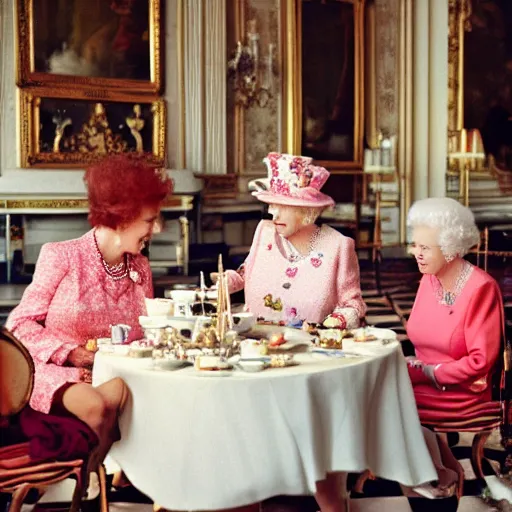 Prompt: corgi having a tea party in buckingham palace with queen of england, 8 5 mm photo, 1 9 9 0, vogue magazine