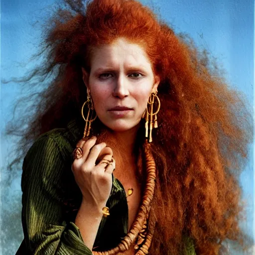 Image similar to Extremely detailed photo realistic matte portrait painting of winking Century Barbary Coast pirate Woman with Ginger hair and Golden hooped earrings photography by Annie Leibovitz, and Steve McCurry