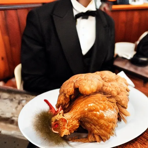 Prompt: a chicken in a tuxedo sitting in a workshop restaurant. The chicken is seriously offended because his plate contains a whole fried chicken