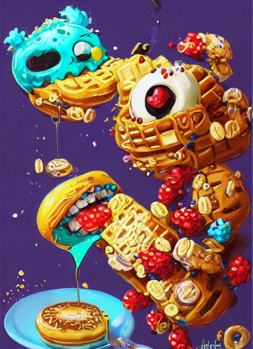 Image similar to good morning pancake and coffee monsters , breakfast monster ,doughnuts, cereal, waffles, colorful, digital art, fantasy, magic, trending on artstation, ultra detailed, professional illustration,chalk, poster artwork by Basil Gogos , clean