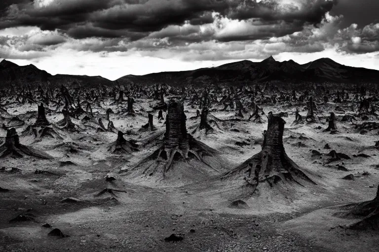 Image similar to aliens invading earth in the style of ansel adams, black and white, old, master photography