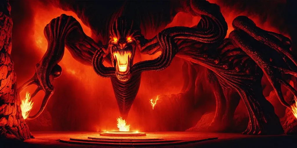 Prompt: giant balrog running through a great hall towards the camera, columns along both sides of the great hall in moria, balrog is breathing fire, style of h. r. giger, dark, cinematic