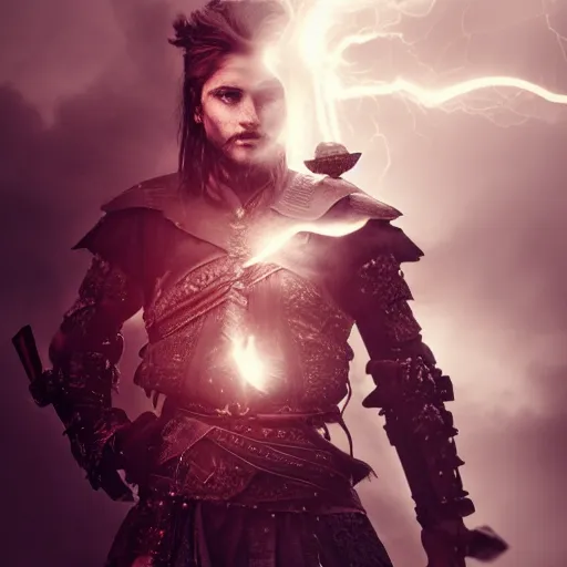 Image similar to a stunning portrait of a warrior, fantasy, glowing eyes, face, sharp focus, holding a sword, atmospheric, smoke, mist, lightning