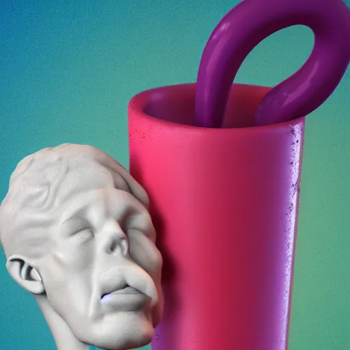 Image similar to a 3 d model of a white marble human head holding a coctail, colorful coctail, digital illustration, 3 d render, above the waist