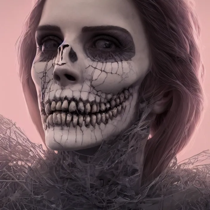 Prompt: portrait of skeleton as a Emma Watson. intricate abstract. intricate artwork. nightmare fuel. by Tooth Wu, wlop, beeple, dan mumford. octane render, trending on artstation, greg rutkowski very coherent symmetrical artwork. cinematic, hyper realism, high detail, octane render, 8k, iridescent accents