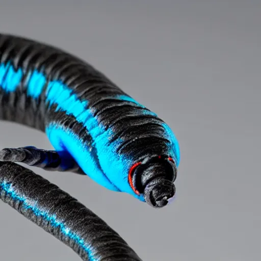 Image similar to studio photograph of a matte dark gray worm with a neon blue head and tail