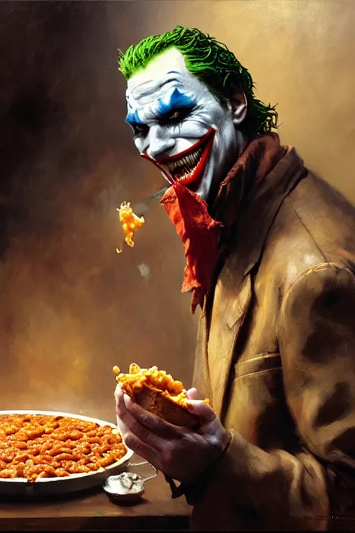 Image similar to the joker eating baked beans and eggs, insane face, high detail, grotesque, portrait dnd, painting by gaston bussiere, craig mullins, greg rutkowski, yoji shinkawa