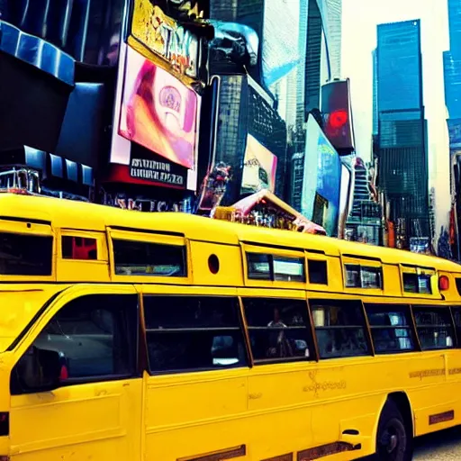 Image similar to yellow school bus eaten swallowed by giant snake, anaconda, huge snake, big snake, time square, cinematic, dramatic, film still