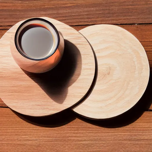 Prompt: mark zuckerberg holding circular wooden coaster up to the camera