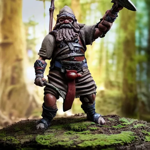 Image similar to high - res photograph of a claymation sculpture action figure warrior dwarf, highly detailed sculpey diorama, forest setting, waterfall backdrop, smooth, sharp foccus, commercial product photography,