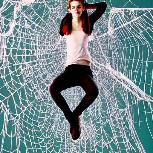 Image similar to emma watson hanging from and trapped in a giant spider web in the style of naruto