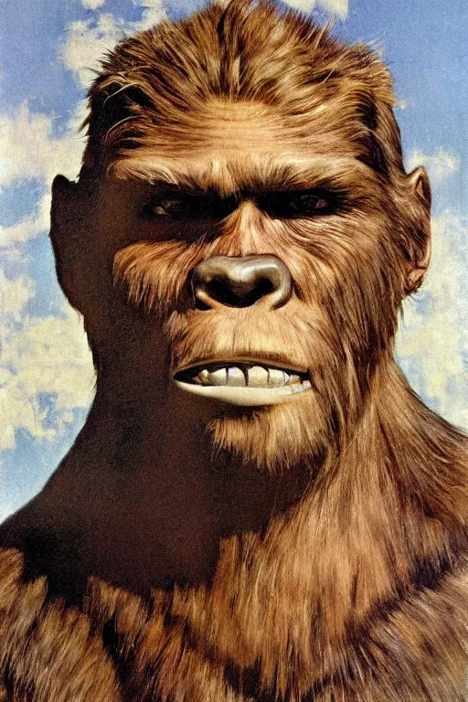 Prompt: a closer personal portrait of bigfoot with very piercing eyes, very charismatic. in the old west. masterpiece, dark. painted by norman rockwell and james gurney