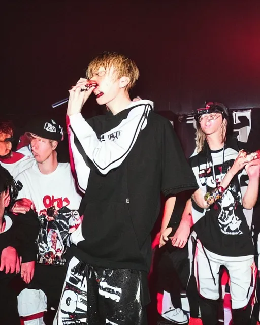 Image similar to “ extremely detailed photo of bladee eating kfc on stage at the drain gang concert ”