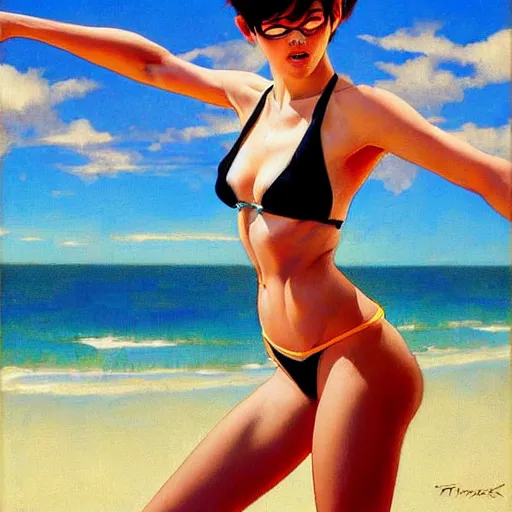 Prompt: greg manchess painting of tracer wearing a bikini in a beach, medium shot, organic painting, sunny day, bold shapes, hard edges, street art, trending on artstation, by huang guangjian and gil elvgren and sachin teng and artgerm and greg rutkowski and alphonse mucha