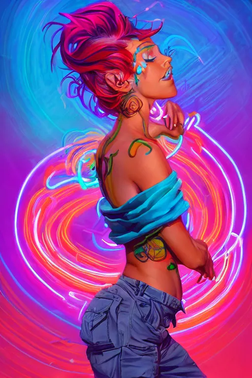 Image similar to a award winning full body portrait of a beautiful woman with stunning eyes in a one off shoulder croptop and cargo pants with rainbow colored hair, outlined by whirling illuminated neon lines and fine lines swirling in circles by jesper ejsing and rhads and makoto and shinkai and lois van baarle, digital art, trending on artstation