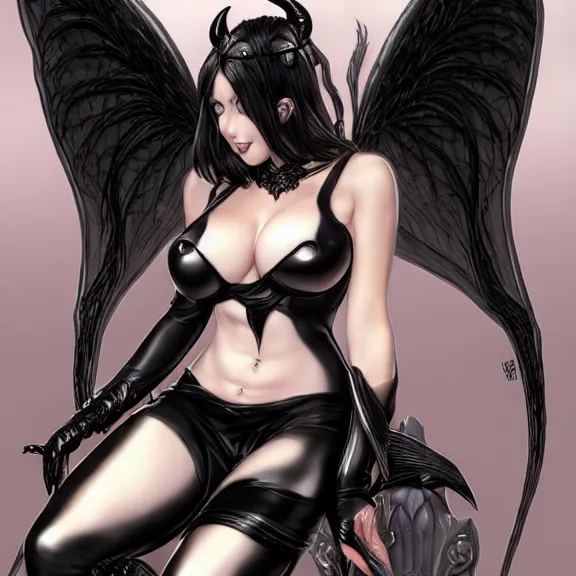 Image similar to portrait of a succubus with big wings and cleavage, in black leather pants, D&D, fantasy, highly detailed, digital art, artstation, smooth, sharp focus, illustration, art by Hirokazu Yokohara and Kago Shintaro