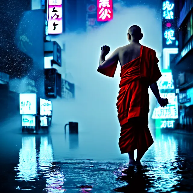 Image similar to cyber monk water dance supreme water fist, detailed animal form water, fighting stance energy, shibuya prefecture, cinematic neon uplighting, fog mist smoke, photorealistic, night photography by tomino - sama