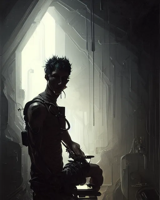 Image similar to professional concept art portrait of a diesel punk man with short black hair in a dark room by artgerm and greg rutkowski. an intricate, elegant, highly detailed digital painting, concept art, smooth, sharp focus, illustration, in the style of cam sykes, wayne barlowe, igor kieryluk.