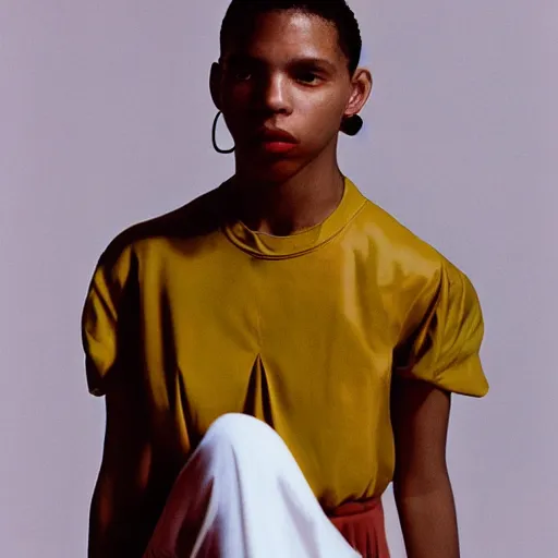 Image similar to realistic! photoshoot for a new balenciaga lookbook, color film photography, portrait of a beautiful woman, photo in style of tyler mitchell, 35mm