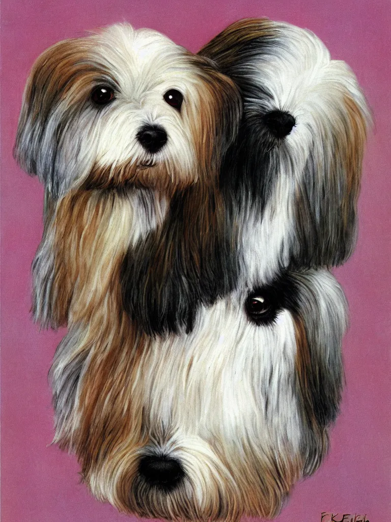 Prompt: portrait of a cream colored havanese dog, surreal background, by frieda kahlo