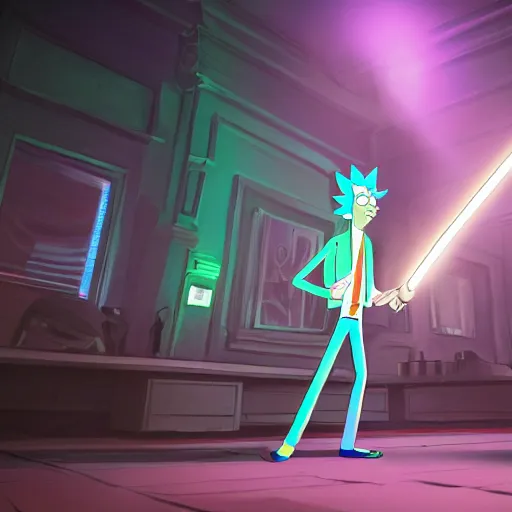 Image similar to full body pose, hyperrealistic photograph of rick sanchez from rick and morty, dim volumetric lighting, 8 k, octane beautifully detailed render, extremely hyper detailed, intricate, epic composition, cinematic lighting, masterpiece, trending on artstation, very very detailed, stunning, hdr, smooth, sharp focus, high resolution, award, winning photo, dslr, 5 0 mm