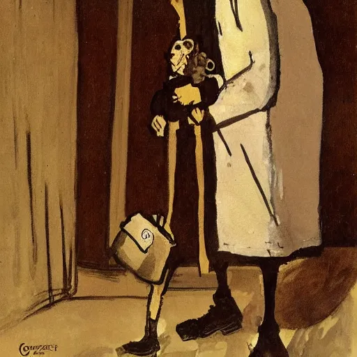 Image similar to queen elizabeth painted as a beggar in a dark forbidding alleyway by george grosz