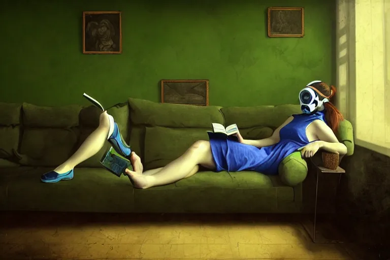 Prompt: exact anatomy girl with wearing a gas mask lying on the sofa reading a book in her room, in the style of dariusz zawadzki, solarpunk, atmospheric, clean, intricate and epic composition, green by caravaggio, insanely quality, highly detailed, masterpiece, blue light, artstation, 4 k