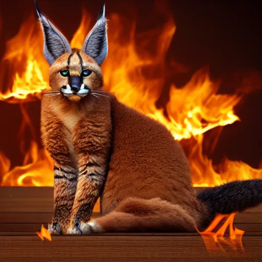 Image similar to wide-angle photo of fluffy caracal sitting on a wooden chair in a room, flames of fire at background, octane render, 3d, 8k, hd, studio light