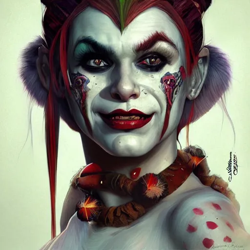 Image similar to portrait of harley quinn as a hulking herculean demon orc bugbear clown queen, forest, godlike, upper body, fantasy, intricate, elegant, highly detailed, digital painting, artstation, concept art, sharp focus, illustration, art by artgerm and greg rutkowski and alphonse mucha