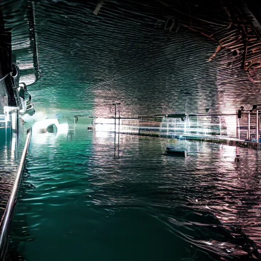 Image similar to an underground water park, dingy, dark lighting, after hours, dark,