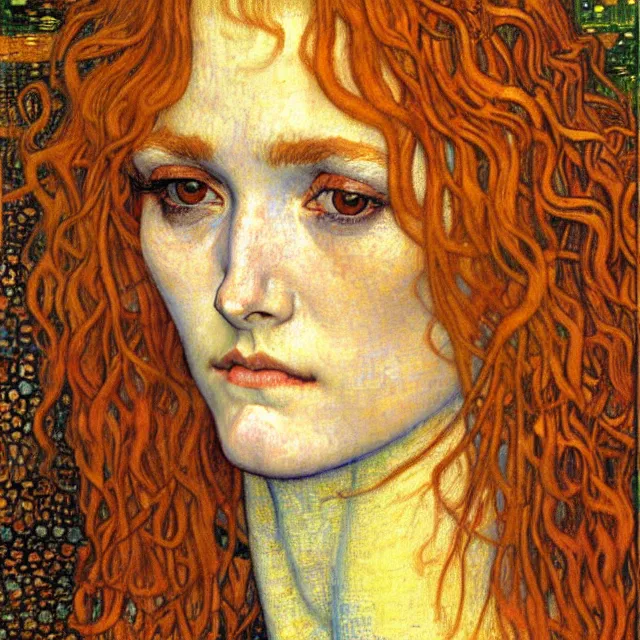 Image similar to detailed realistic beautiful young medieval queen face portrait by jean delville, gustav klimt and vincent van gogh, art nouveau, symbolist, visionary, gothic, pre - raphaelite, muted earthy colors, desaturated