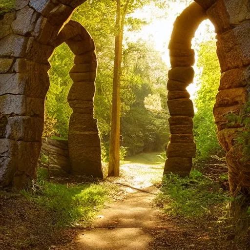 Prompt: woodland path golden hour wide angle. stone archway on the left. inside the archway is a portal to another land with bright sunlight and a seashore. a silhouette of a humanoid stands in the portal, highly textured, adventurous