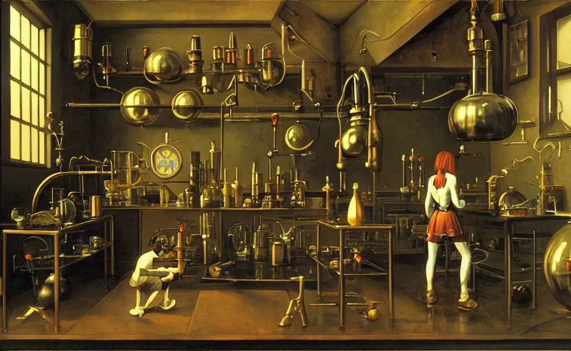 Prompt: alchemy laboratory. by rembrant, battle angel alita, ralph mcquarrie, aluminum, 1 6 6 7