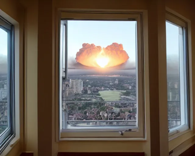 Image similar to an luxury apartment window view of a nuclear explosion