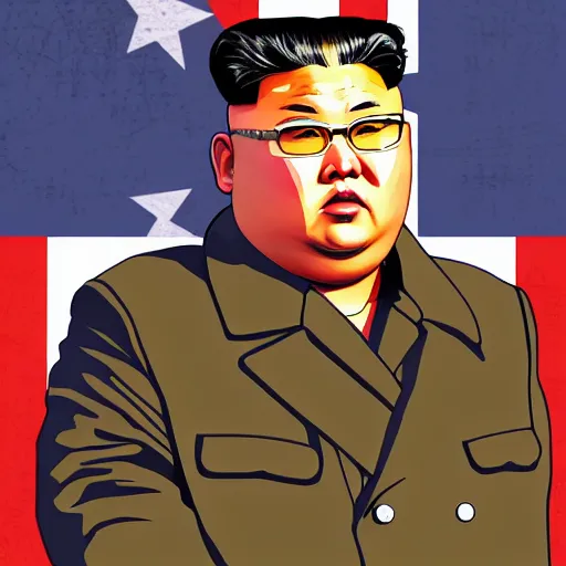 Image similar to illustration gta 5 artwork of kim - jong un, in the style of gta cover art, by stephen bliss