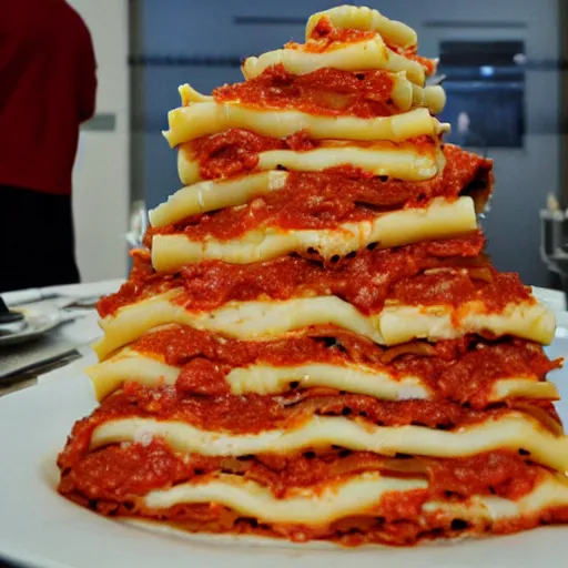 Prompt: a tower of lasagna to the sky