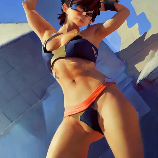 Image similar to greg manchess splashart painting of overwatch's tracer in a bikini, medium shot, asymmetrical, organic painting, sunny day, matte painting, bold shapes, hard edges, street art, trending on artstation, by huang guangjian and gil elvgren and sachin teng